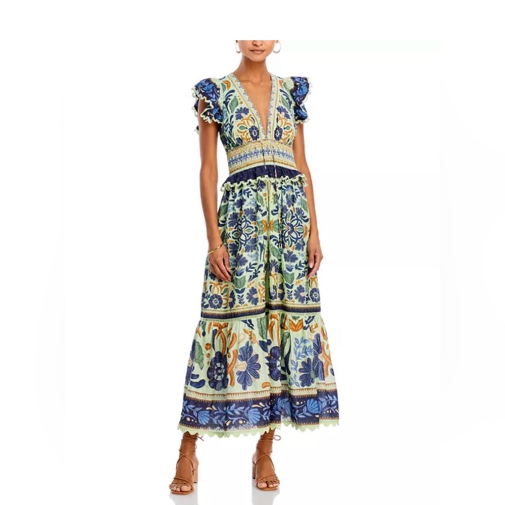 Floral V-Neck Ocean Tapestry Maxi Dress Farm Rio XS